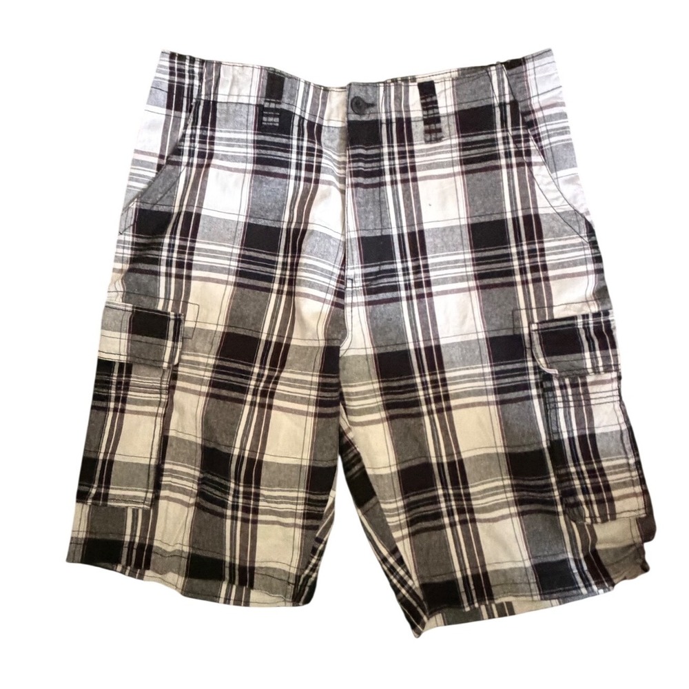 Beverly Hills Polo Club Cargo Shorts Mens 34 Black White Plaid Cotton